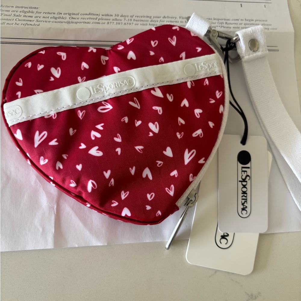NWT LeSportsac Red Heart Wristlet Pouch with White Strap - Picture 2 of 7